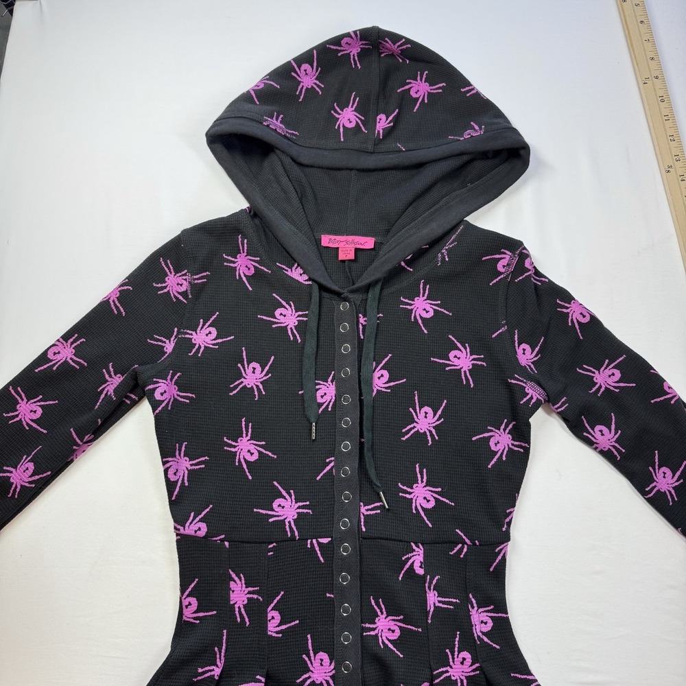Betsey Johnson Y2K Spider Thermal Dress Sz  XS Black Pink Goth Witchy Hoodie - Picture 10 of 16